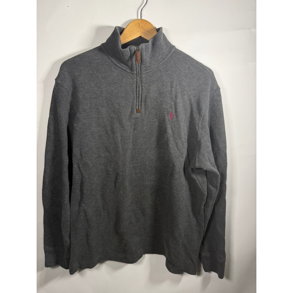 Polo Ralph Lauren Mens Large Gray Cotton 1/4 Zip Pullover Sweater Pink Pony Logo